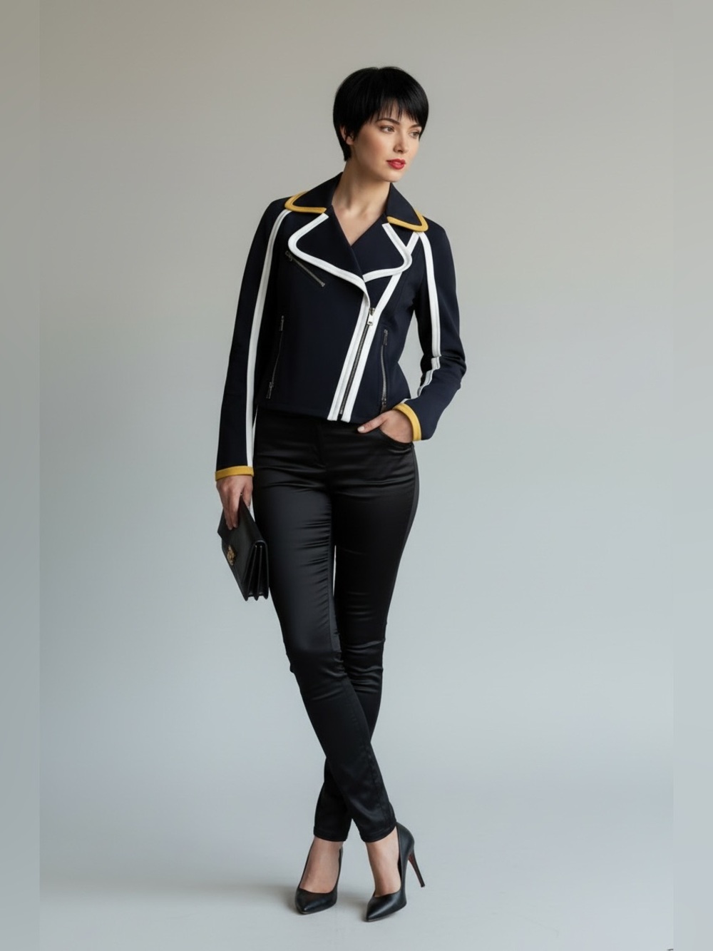 Fendi NWT Moto Jacket with White Piping and Yellow Trim - Picture 3 of 12